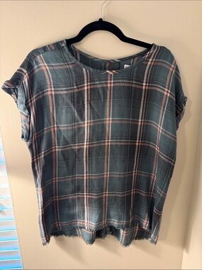 Relaxed Plaid Short-Sleeve Top - Teal & Pink